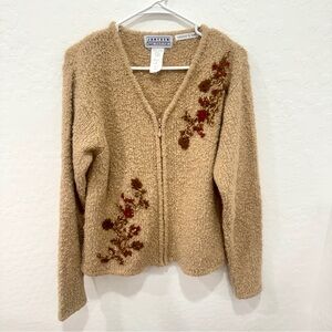 Vintage Jantzen Tan Cardigan Floral Embroidery Womens Medium Petite Zipper Wool